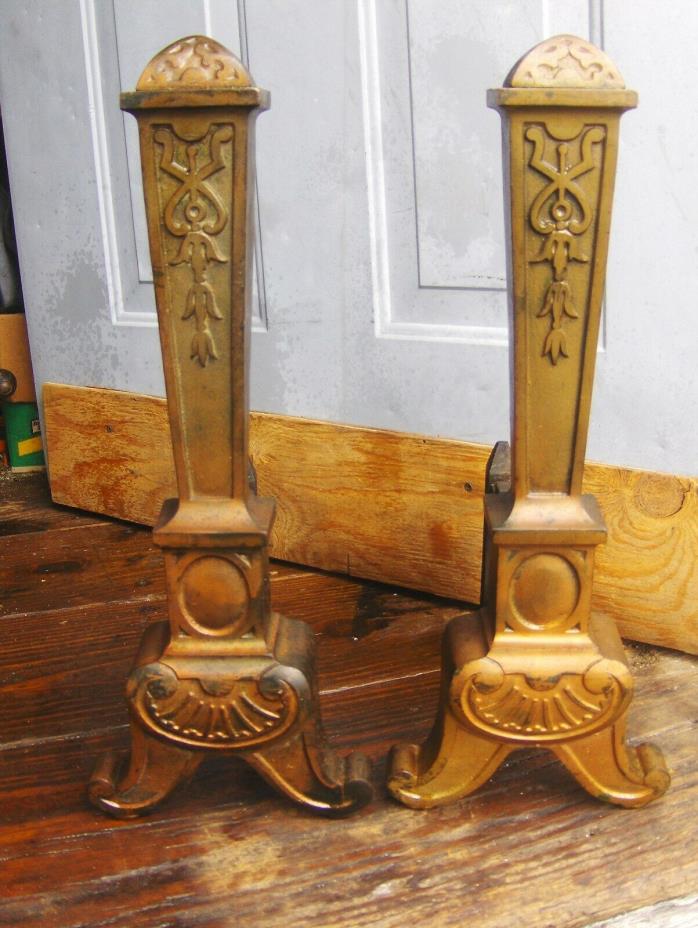 Antique Arts & Crafts Misson Cast Iron ANDIRONS Fireplace Great Relief