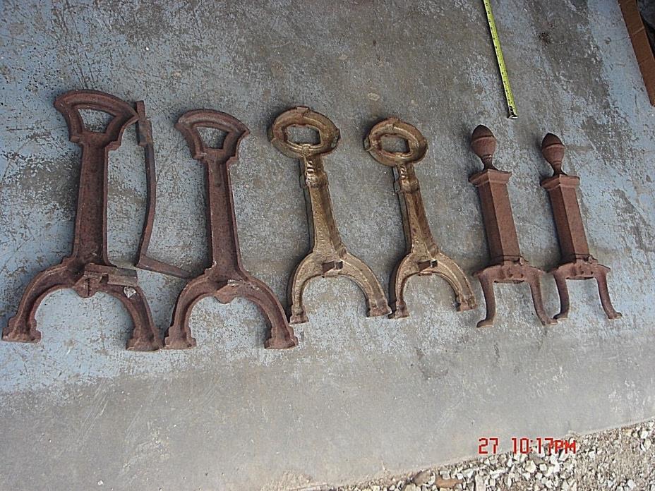 3 Vintage Antique Cast Iron Fire Place Andirons Bar Rails Wood Log Holders Lot