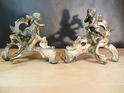 Pair Of Louis XV Style Gilt And Patinated Bronze Winged Putti Andirons/Chenets
