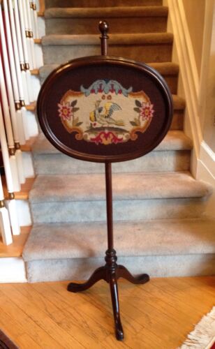 Antique Tripodal Pole Fire Screen Needlepoint Mahogany WILD BIRD