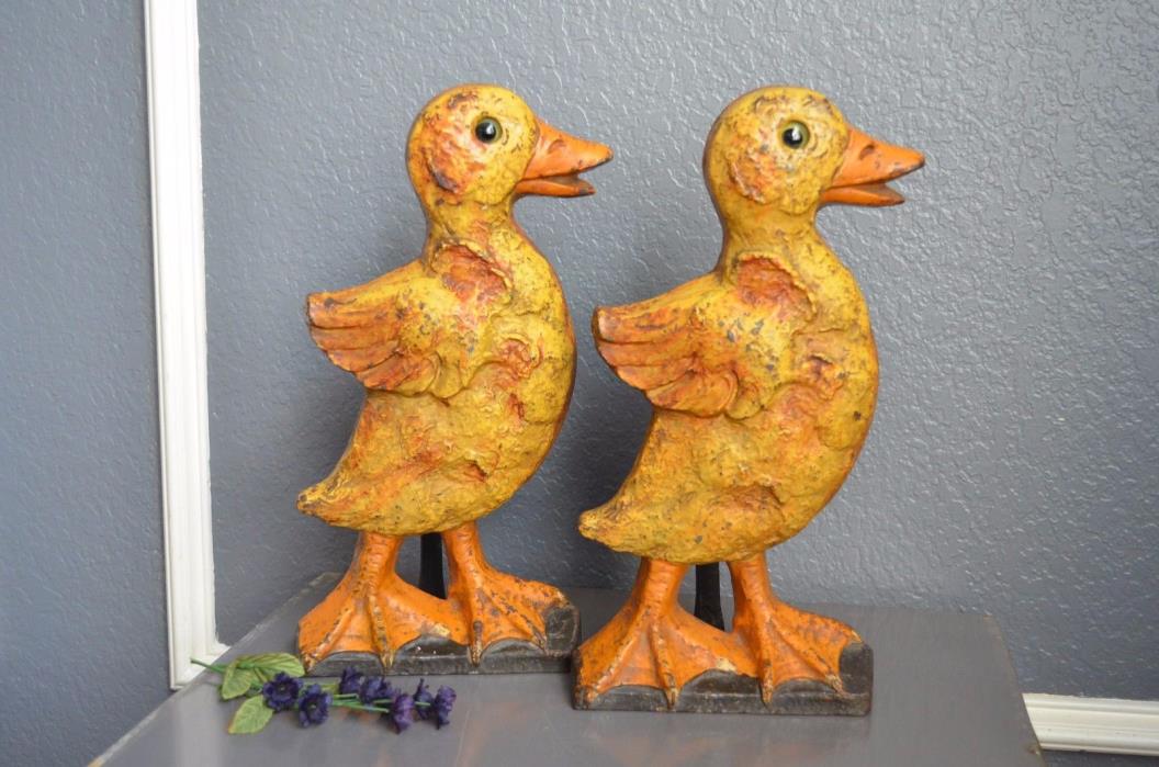 Antique Duck Pair Cast Iron Andirons Howes Boston Glass Eyes Rare Yellow Country