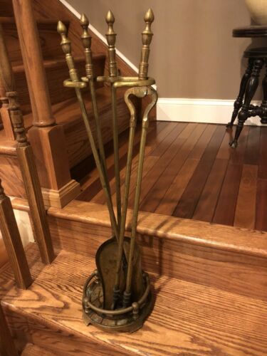 Vintage Antique Brass Fireplace Tool Set:  Poker, Tongs, Shovel, & Stand