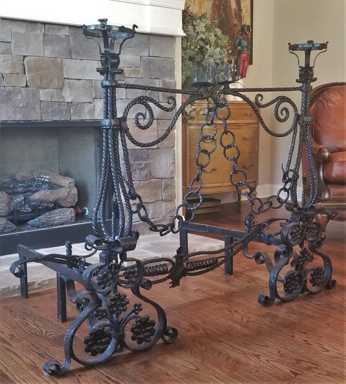 MASSIVE ANTIQUE HAND FORGED WROUGHT IRON SWINGARM ANDIRONS FIREDOGS 55