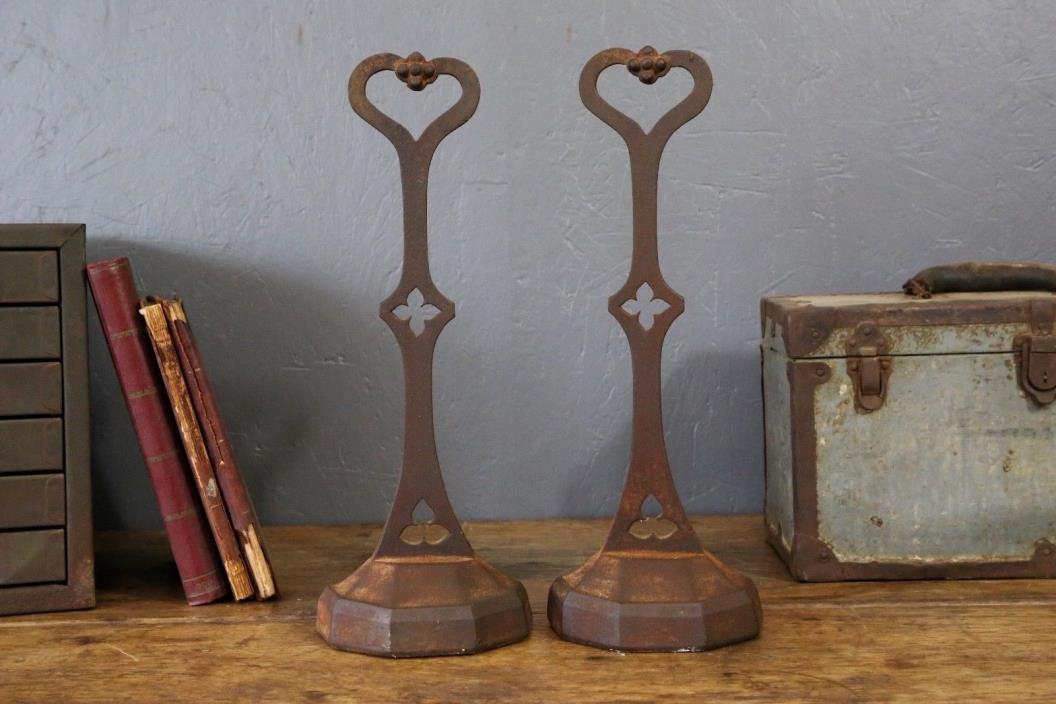 Antique Cast Iron Heart Shaped Fireplace Andirons Bookends 16