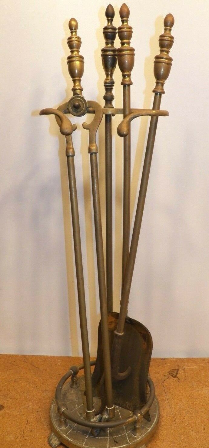 Vintage Brass Fireplace Tool Set with Holder, Tongs, Shovel, & Poker