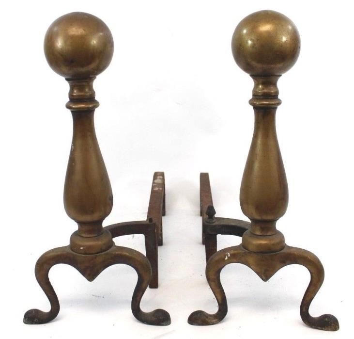 Vintage Antique  Andirons Cast Iron Base with Brass Ball Tops