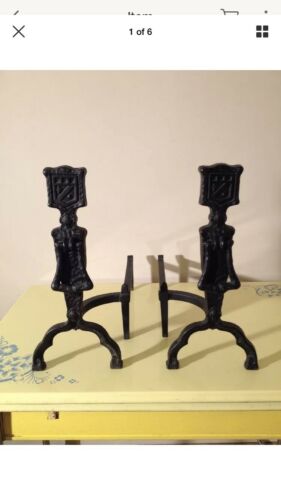 ANTIQUE ARTS & CRAFTS STYLE FIREPLACE ANDIRONS Sturdy Cast Iron Construction