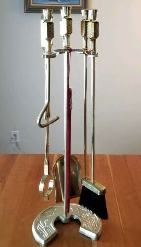 VINTAGE 6 pcs Fireplace Tools Set with Stand and Red Velvet Lighter Wheat Theme