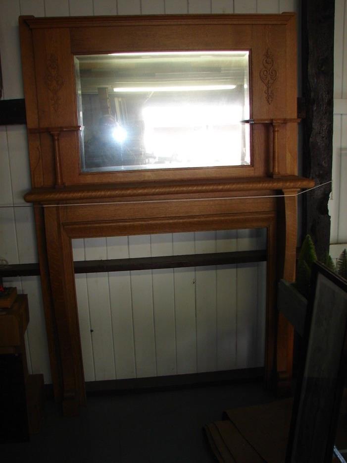 Antique Oak Fireplace Mantle with Shelves & Beveled Mirror - Refinished - Nice
