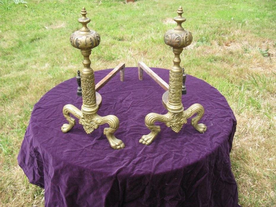 Antique Brass Lions Paw Fireplace Andirons - FREE SHIPPING