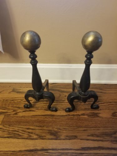 Vintage Antique Cast Iron Fireplace Tool Andirons Ball Top 16” Tall Rustic Decor