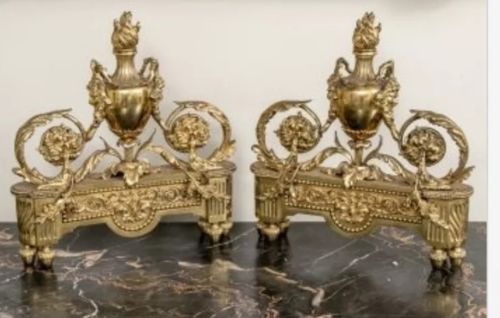 Vintage Louis Philippe Style BRONZE BRASS CHENETS FLAMES OVER URNS FLORAL 14