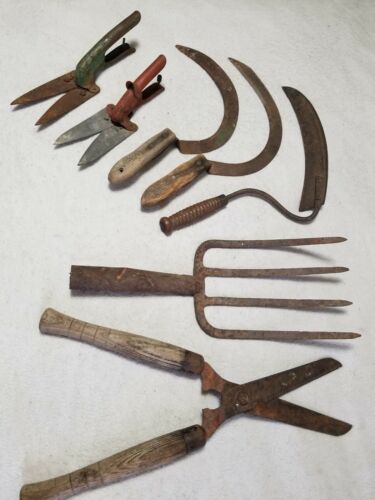 Vintage Antique Garden Tools Lot Of 7 wood handles Pitchfork make offer