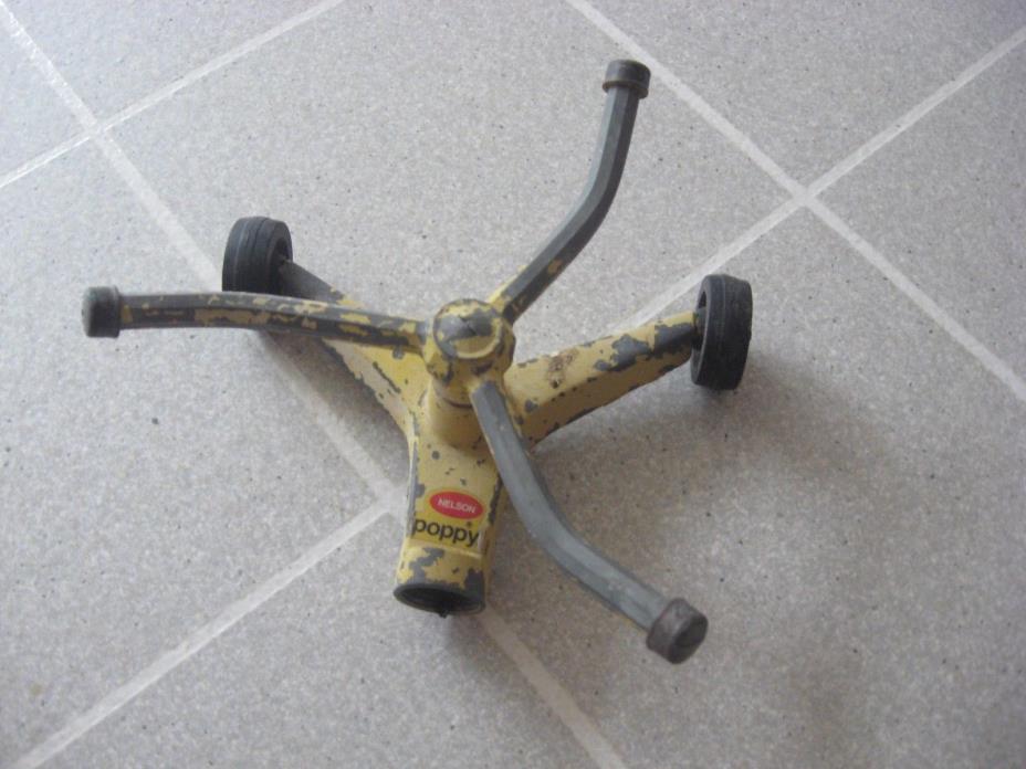 Vintage Old Nelson Poppy Yard Sprinkler Yellow with Black Wheels ORIGINAL OWNER