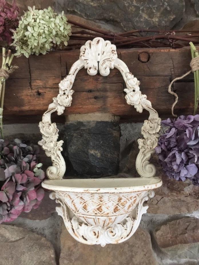 SHABBY Antique~Vintage STYLE Distressed White Cast Iron Wall Planter~Sconce