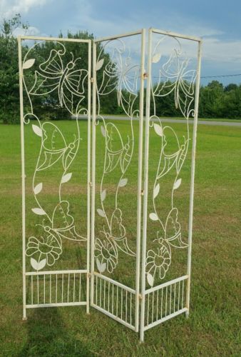 Antique Trellis Wrought Iron 3 Panel Garden Fence 60X53 Folding Butterflies