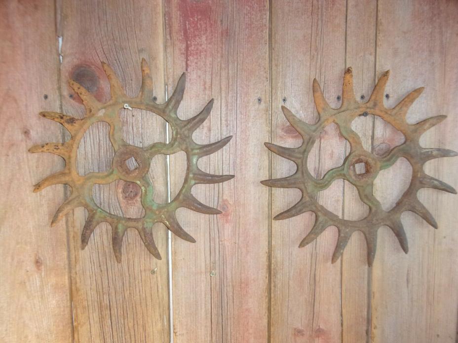 2 Vintage Industrial Iron Rotary Hoe Cultivator Wheels Garden Farm Yard Art