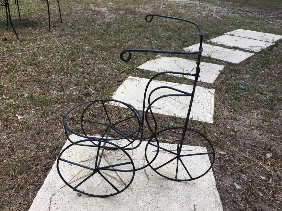 VINTAGE   Plant Stand Tricycle 3 Wheel Wrought Iron Metal Wood Planter