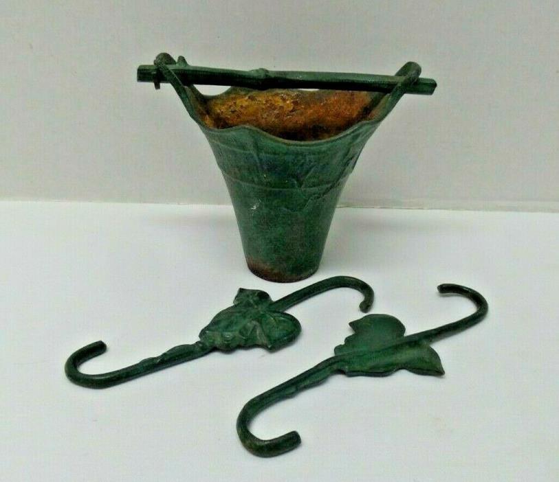 Vintage Japanese Marked Painted Green Cast Iron Hanging Garden Ivy Planter