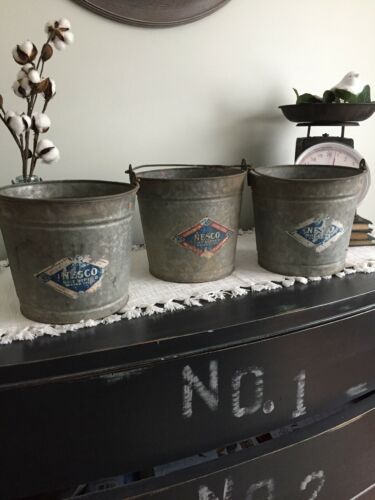 Vintage Nesco Galvanized Metal Bucket Pail With Handle garden Storage Flower