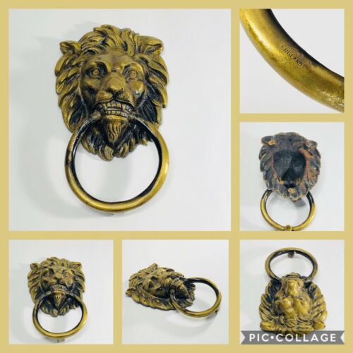 Vintage Solid Brass Lion Head Baring Teeth Door Knocker Large Hal marked England