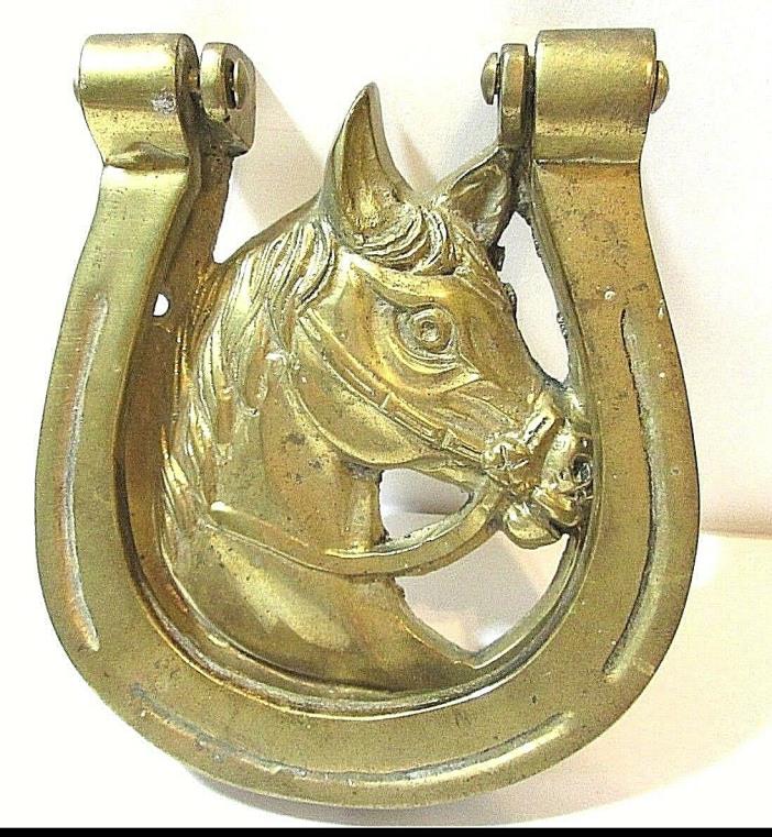 HEAVY BRASS HORSE HEAD AND HORSESHOE DOOR KNOCKER VINTAGE