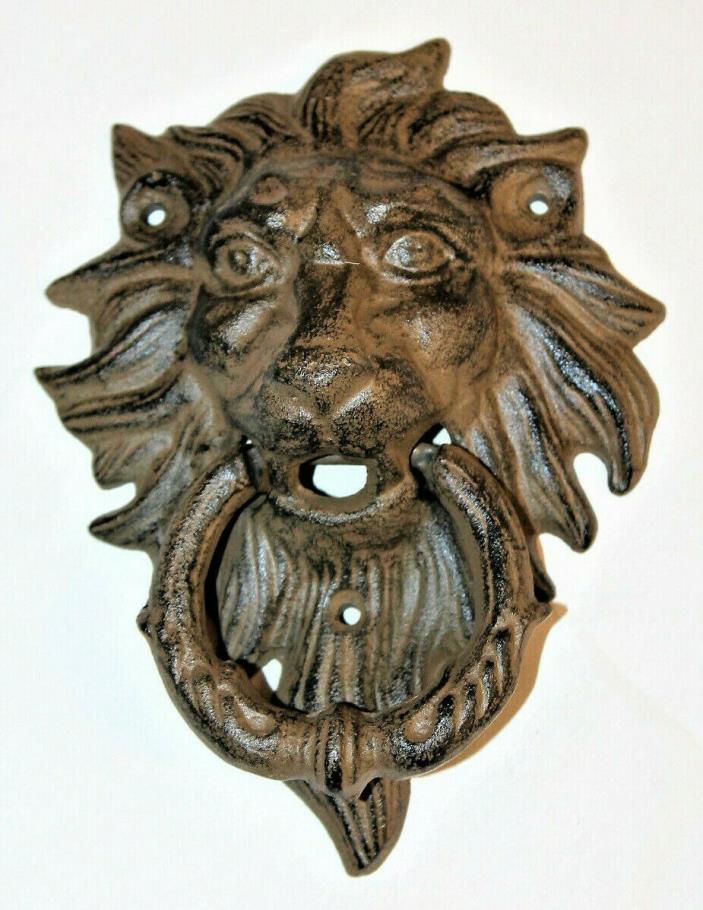 Cast Iron Rustic Lion Door Knocker Vintage Antique Style lions head front Brown