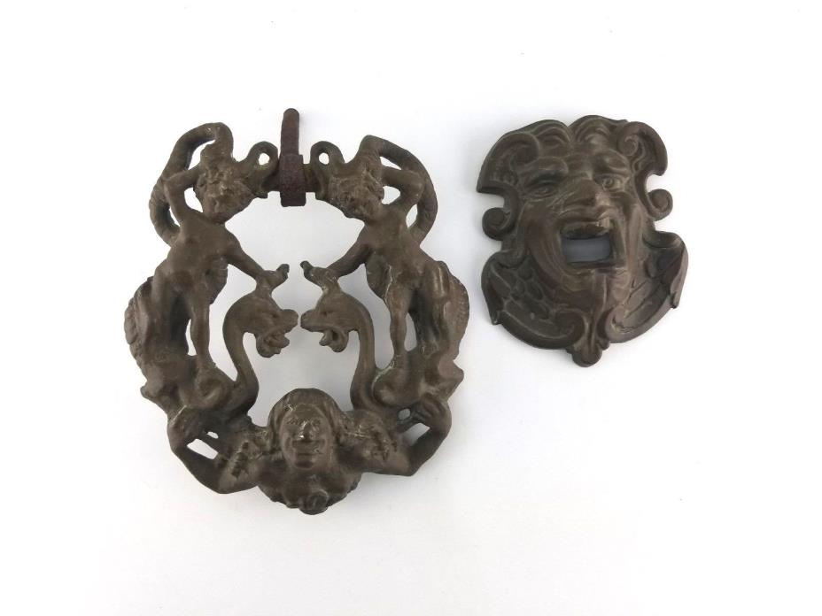 Antique Style Brass Cherub Serpent Dragon On Godly Being Shoulders Door Knocker