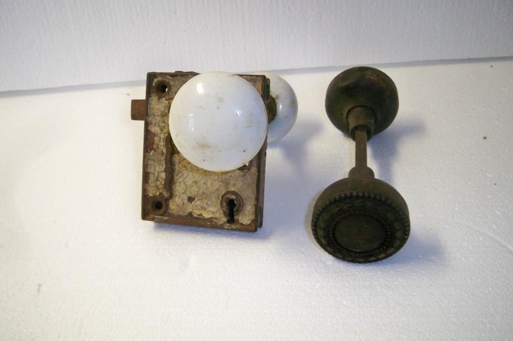 Vintage lot of 2 doorknob sets white porcelain and metal architectural salvage