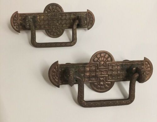 2 Antique Gothic Brass drop Handles Tool Box trunk Pulls old decorated Lot#1801