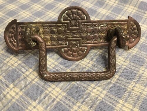 1 Antique Gothic Brass drop Handle Tool Box trunk Pull old decorated Lot#1840