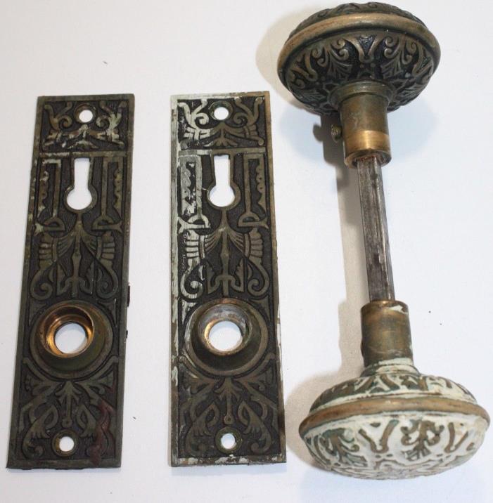 Antique Victorian Eastlake Brass Doorknob set and Face Plates. Great Patina!