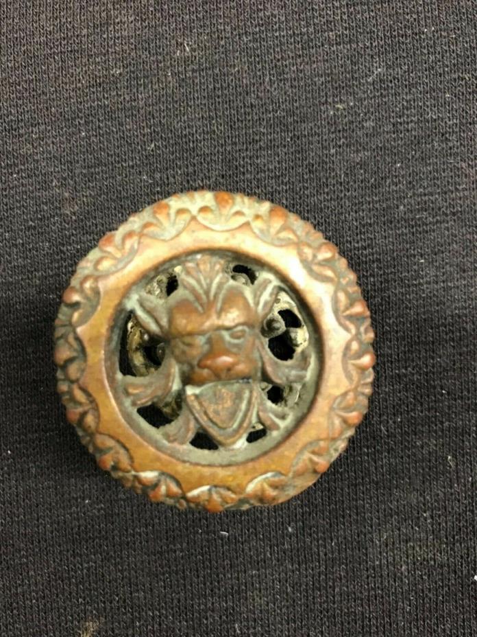 SINGLE ANTIQUE GARGOYLE DRAWER PULL BRASS WITH DECORATIVE BACKPLATE