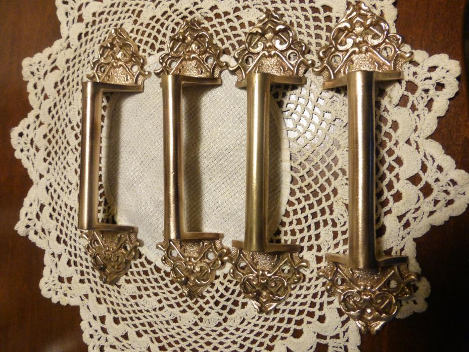 FOUR Ornate Antique Cast Bronze Brass Sash Lifts Drawer Pulls Handles 3/3 AA