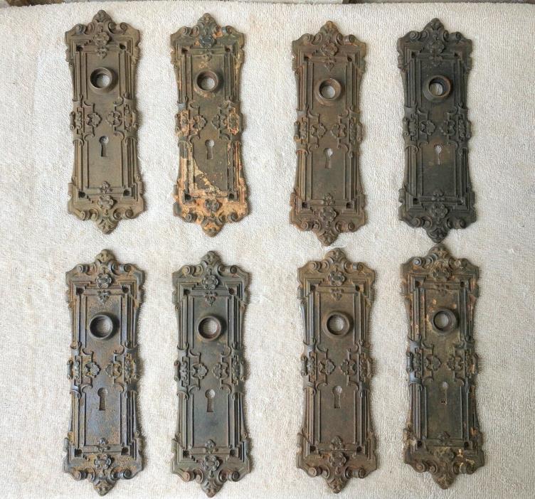 Lot of 8 Matching Antique Ornate Cast Iron Door Faceplates