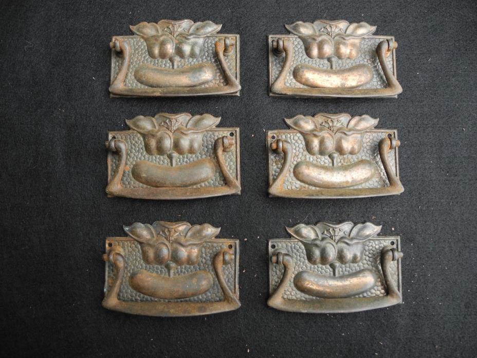 Six iron antique patterned fancy nail on drawer pulls  copper plate unique