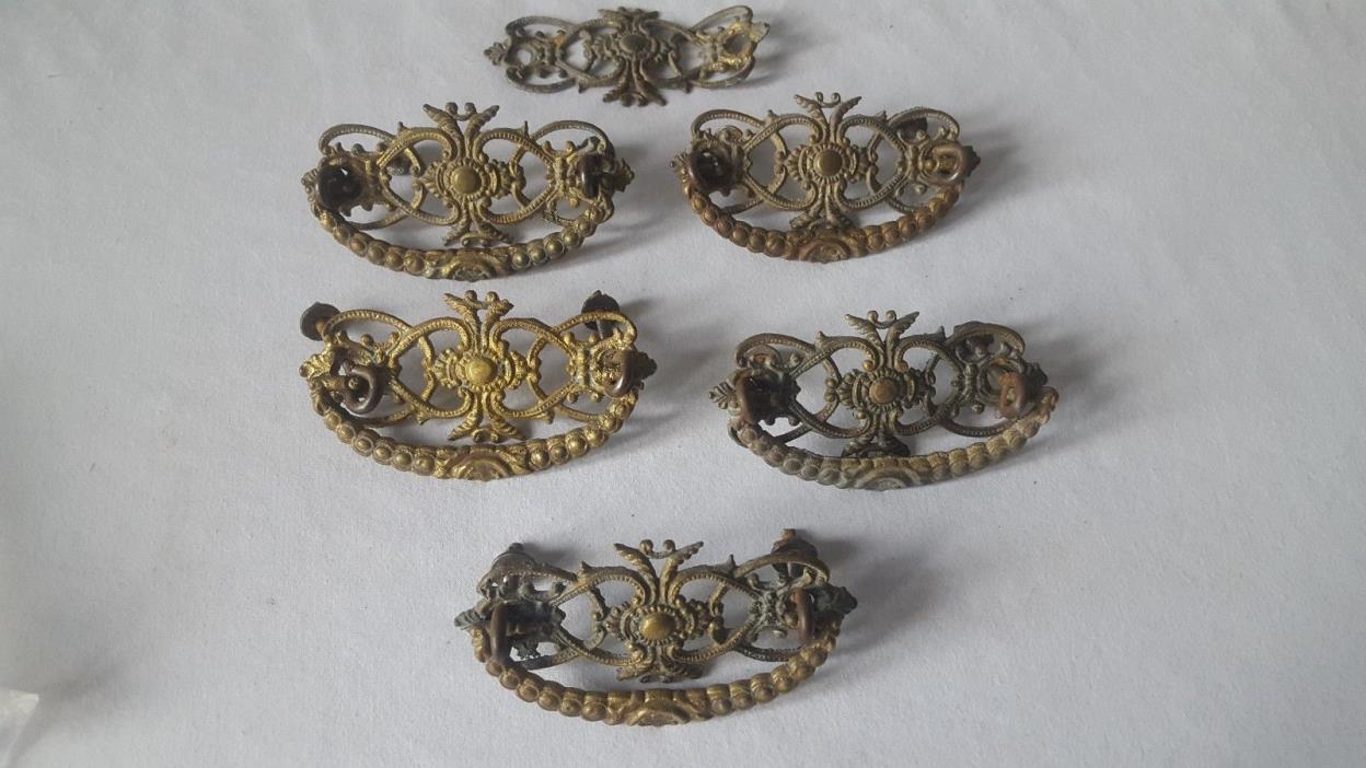 Vintage Antique Lot of 6 Ornate Victorian Cast Metal Drawer Handles Restoration