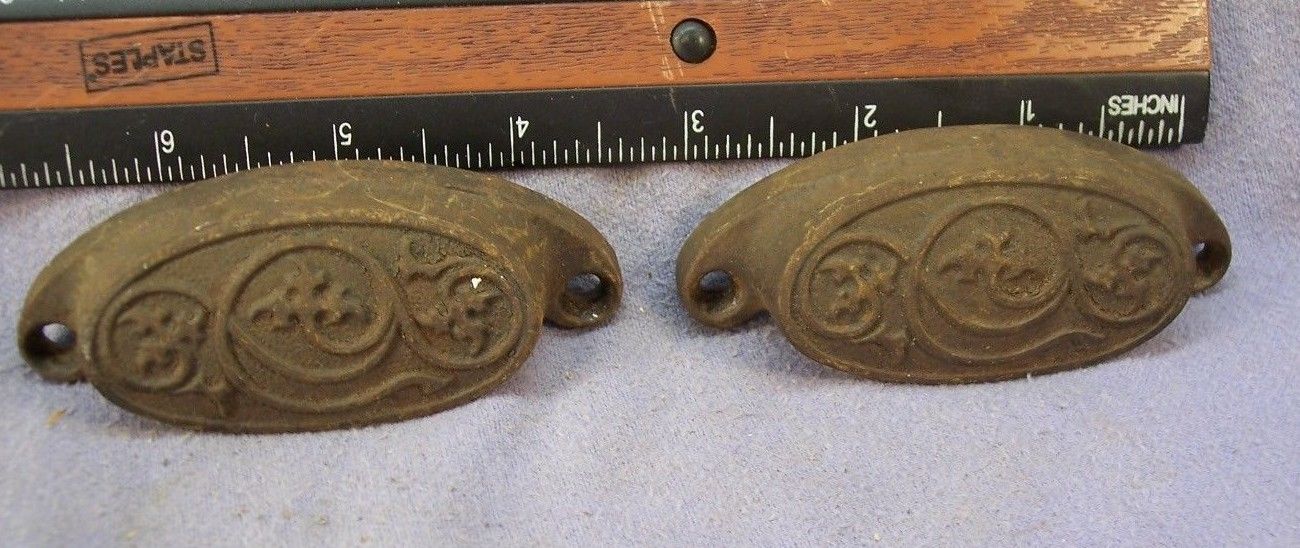 (2) FANCY ANTIQUE CAST IRON BIN PULLS GOOD CONDITION