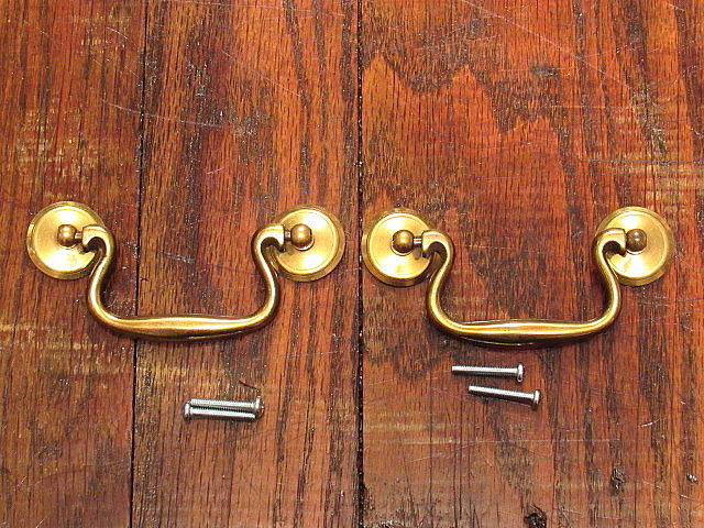 2 Vintage Solid Brass Drop Bail Style Drawer Pulls Handles NOS