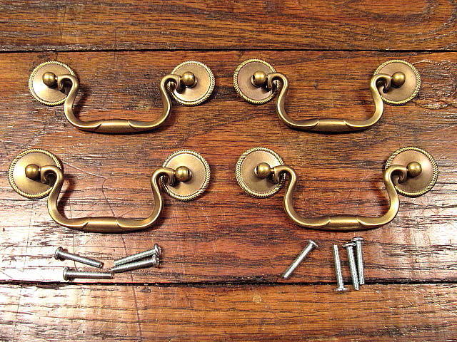 4 Vintage Solid Brass Drop Bail Style Drawer Pulls Handles NOS