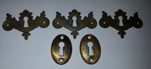 Lot 5 antique original bronze escutcheons Skeleton key hole cover door plates