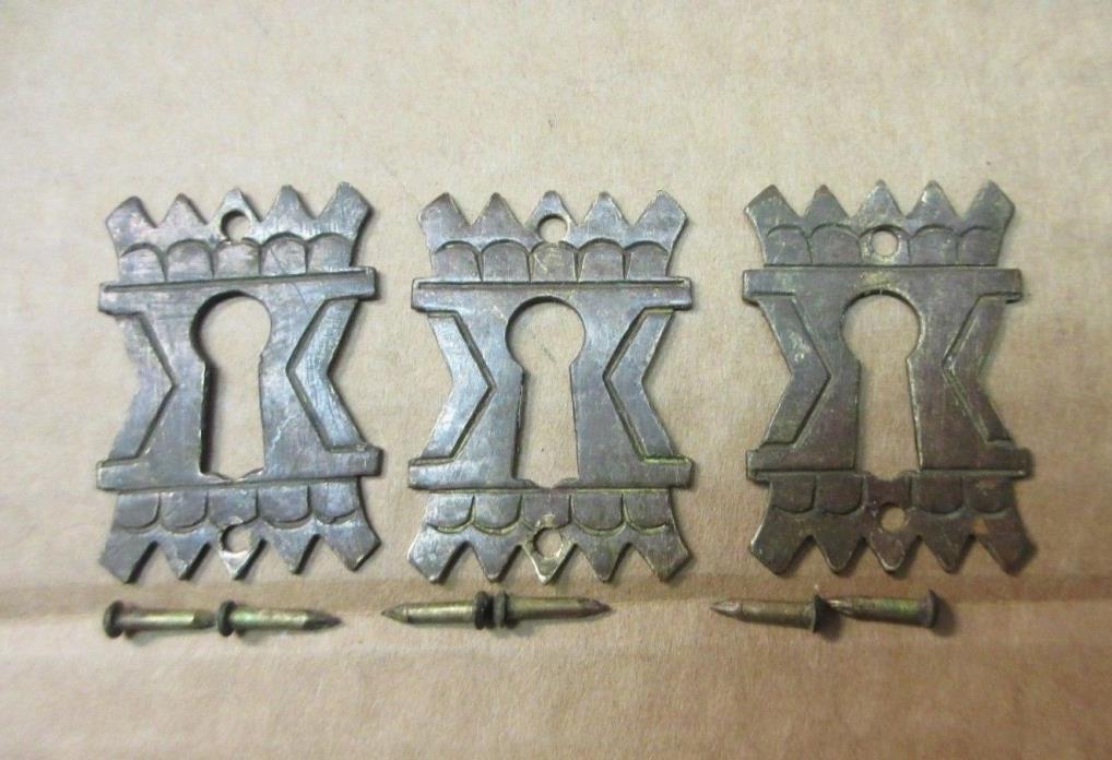 3 Antique Eastlake Style Brass Key Hole Escutcheons Covers w/ Tacks for Drawers