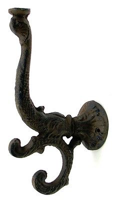 CAST IRON - Set of 2  Ornate Dolphin Fish  Hook Rack, Hanger,Rust Wall Mount