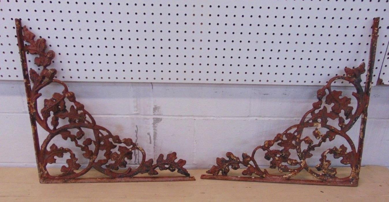Architectural Large Vintage Cast Iron Ornate Shelf Brackets Oak Leaf Acorn-Pair