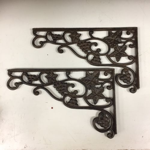 Pair Cast Iron Grape Vine Shelf Brackets Wine Rustic Garden Braces Antique Style