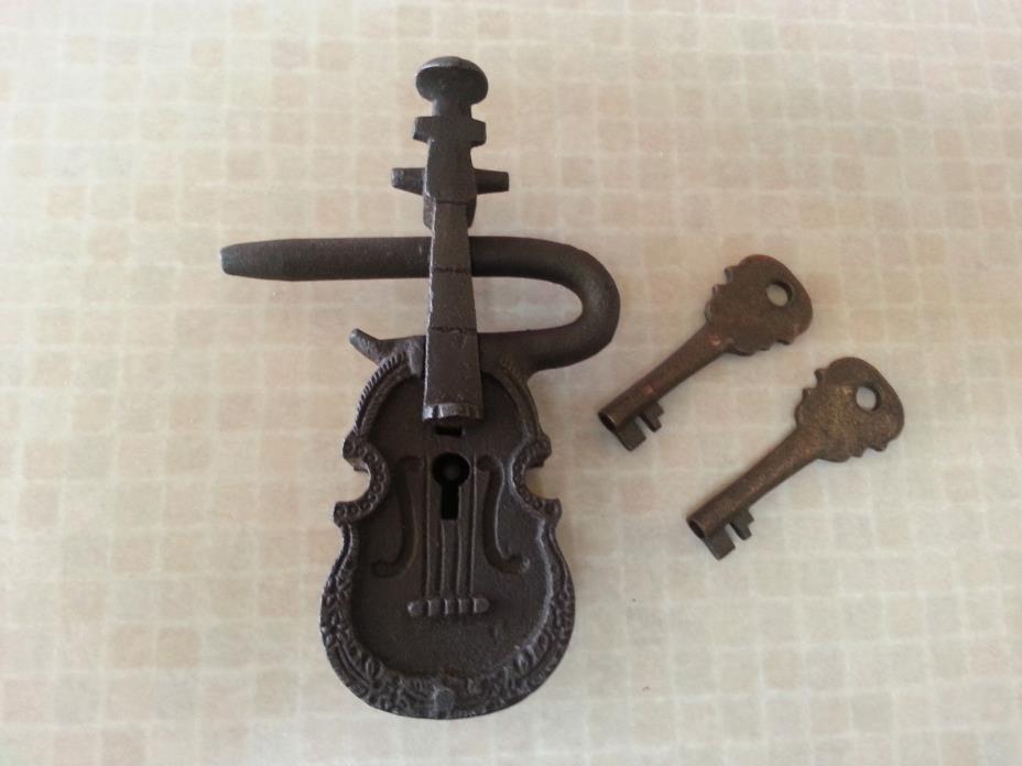 Large 5.25 in Antique Style Cast Iron & Brass Violin Shaped Padlock Lock 2 Keys