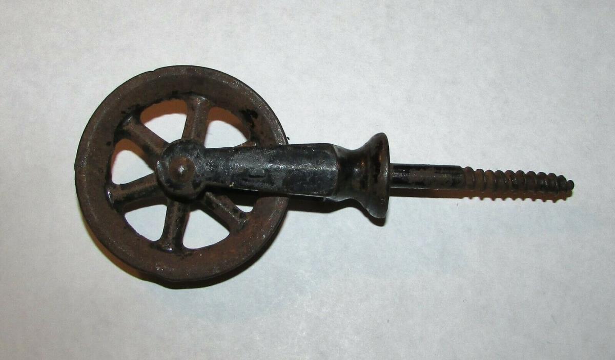 Antique Cast Iron Farm Pulley Wheel Small with Screw Tip Worn Patina