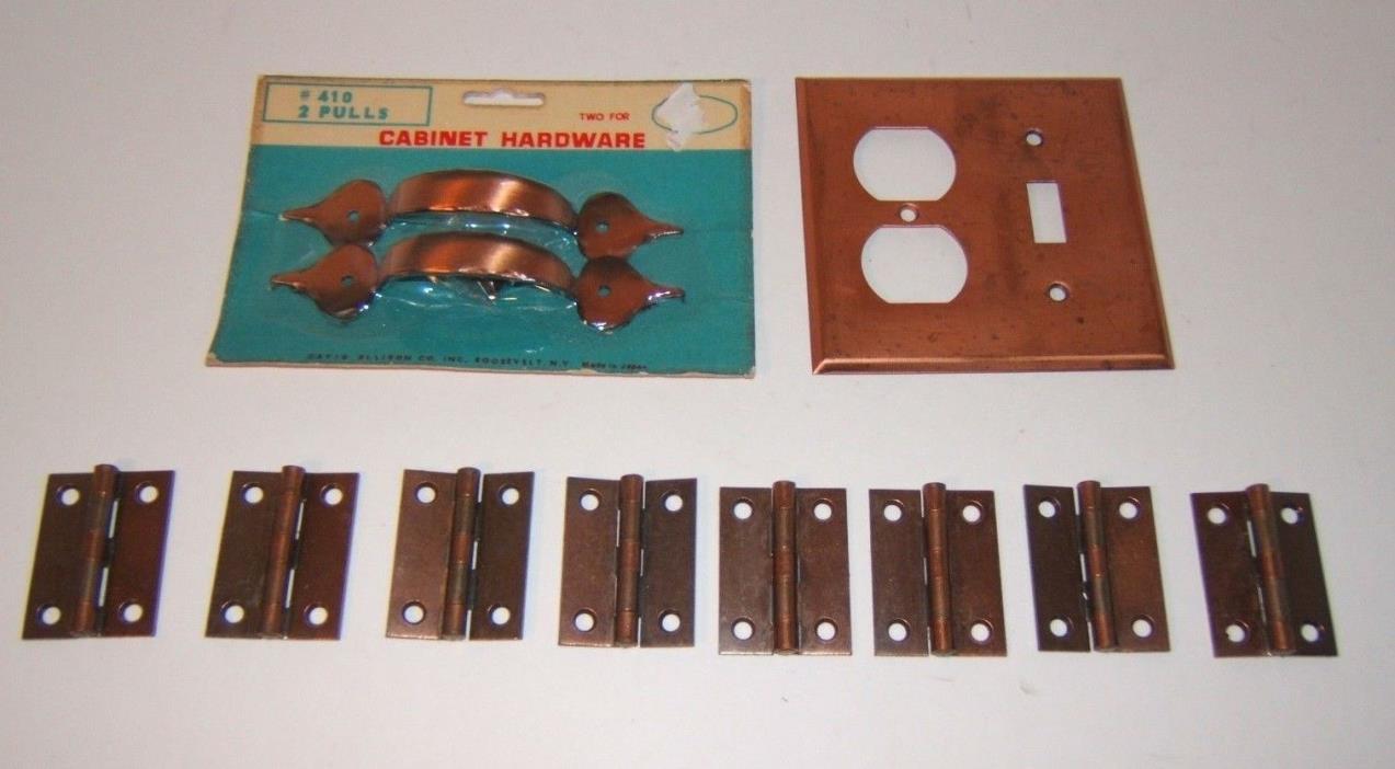 Vintage Cabinet Hinges Copper Color Handles Switchplate Lot of 10 Hardware