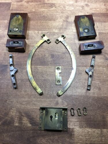 Early Antique Butlers Desk Drawer Hardware, Locks Hinges. Period Brass