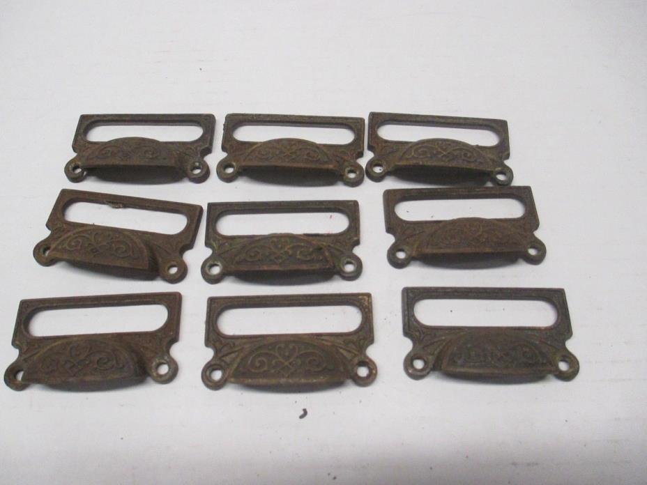 VTG Set of 9 Steel Drawer Pulls With label Holders Apothecary Card Catalog etc